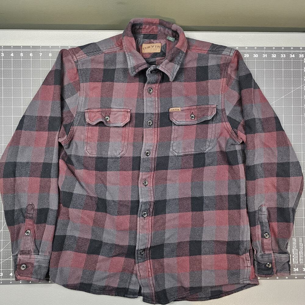 Orvis Flannel Shacket Medium Shirt Jacket Heavy Gray Chamois Plaid Pockets Work